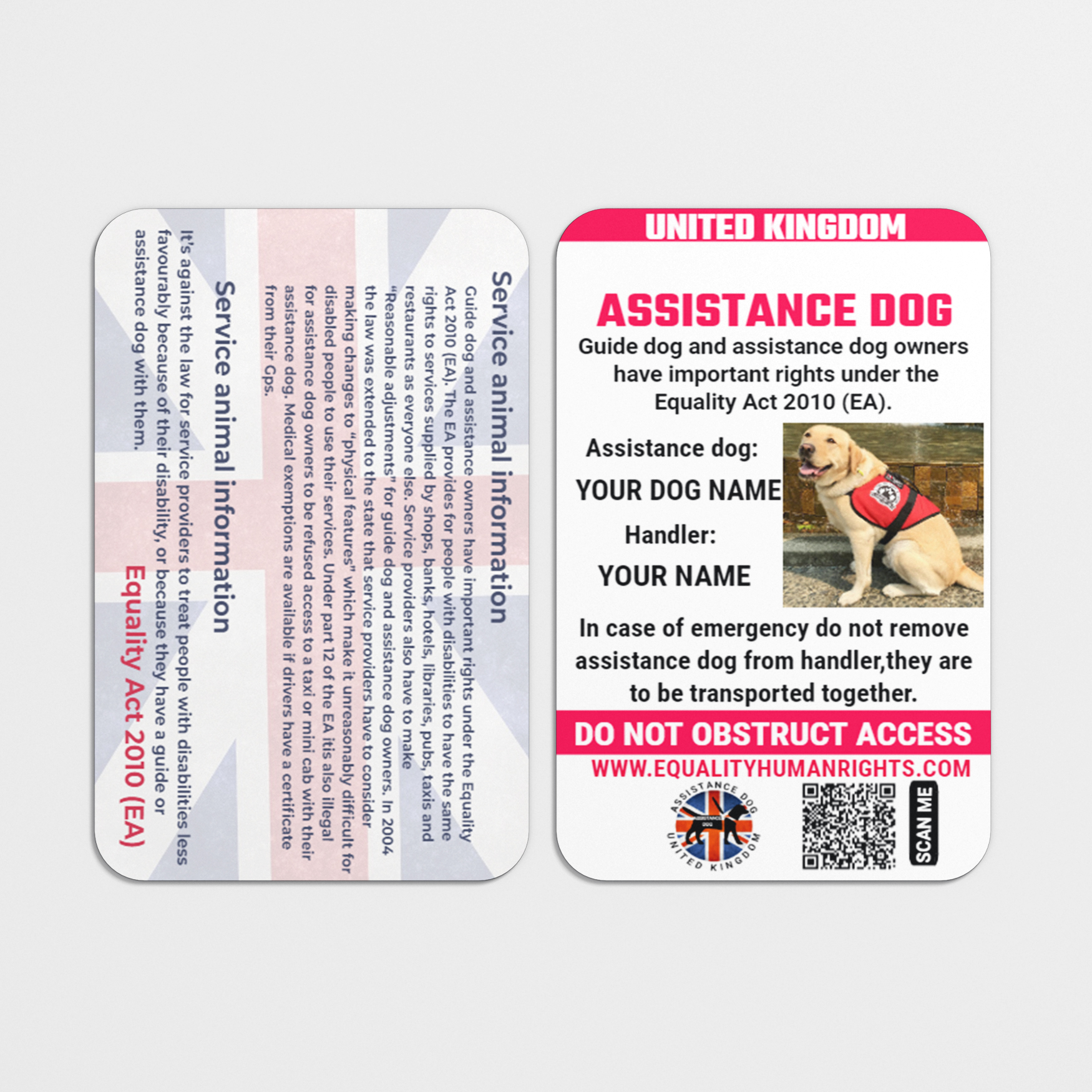 Assistance dog card with QR code