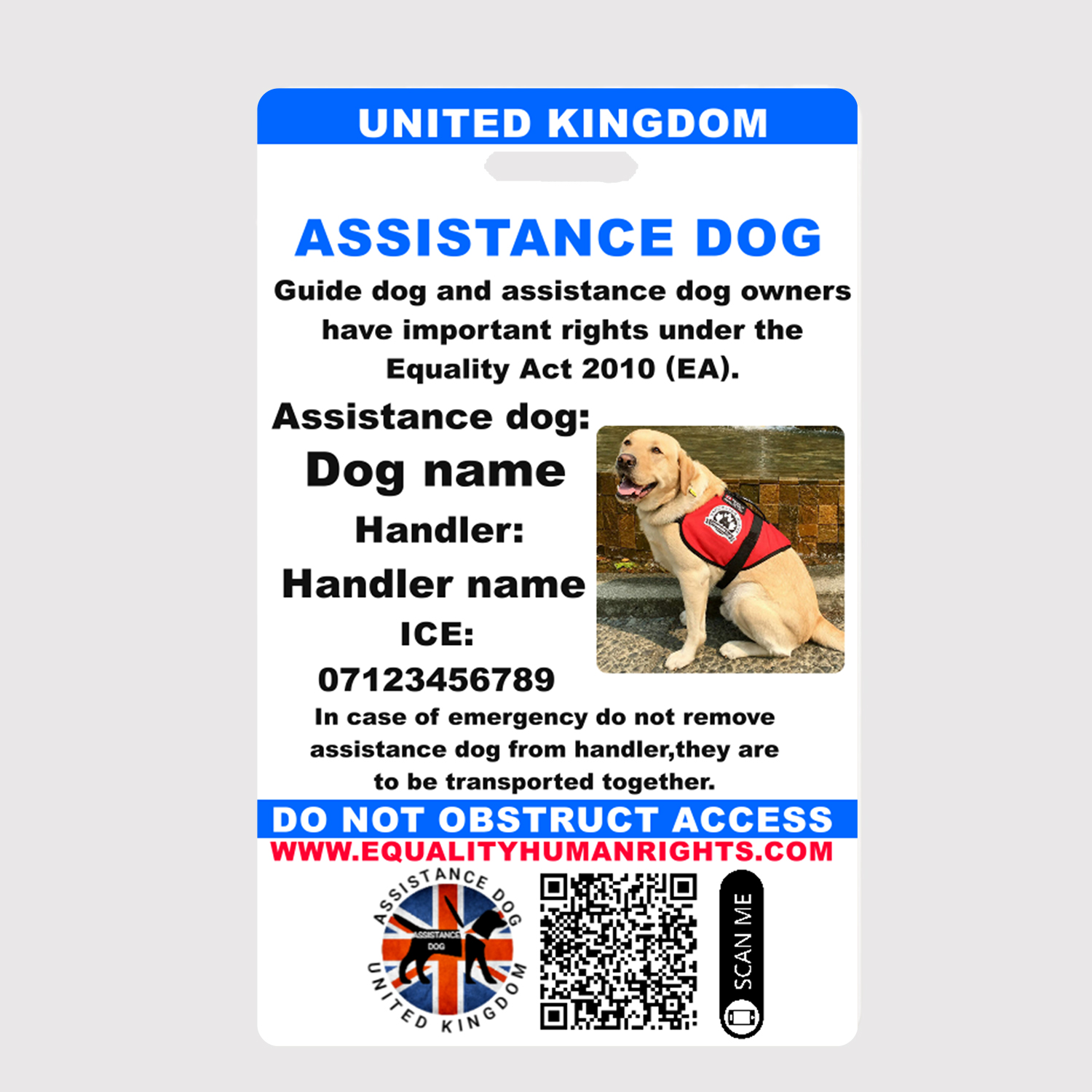 Personalized Blue Assistance Dog Card UK