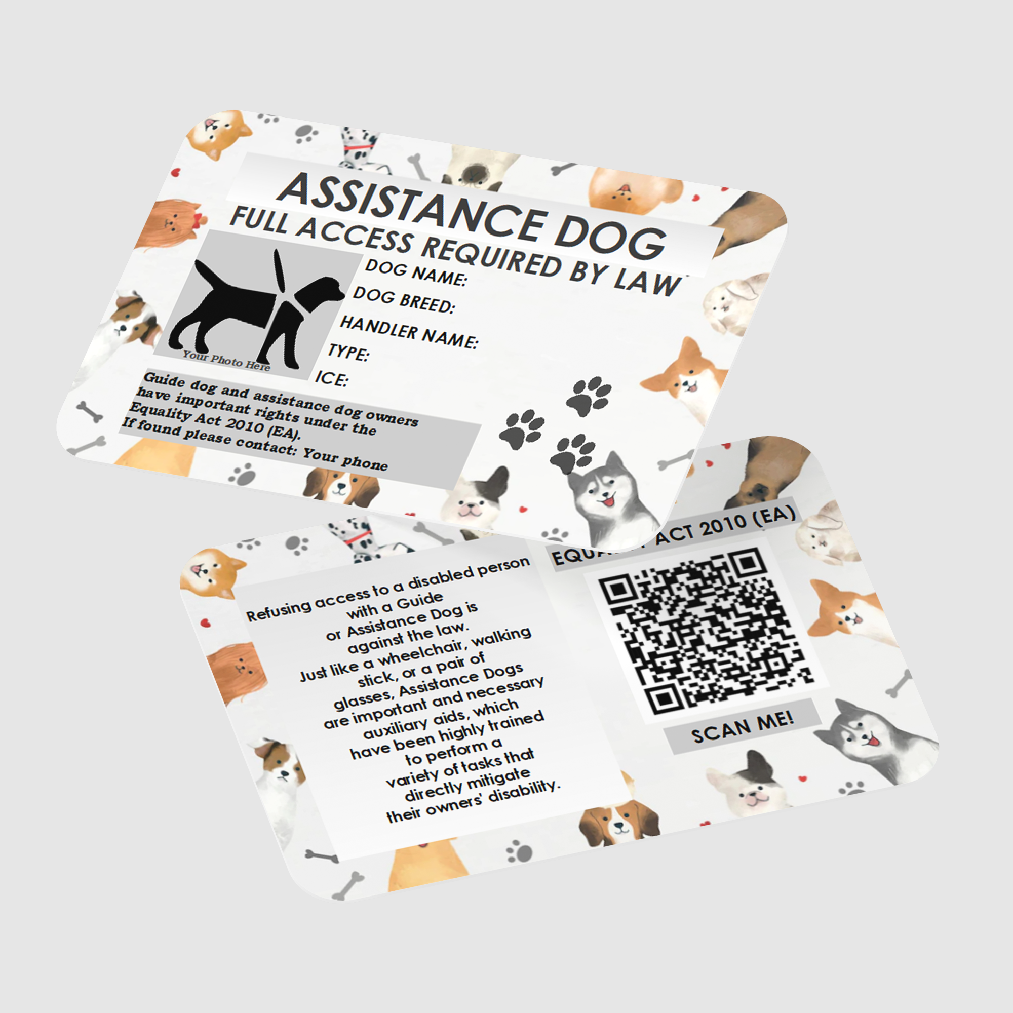 Custom Assistance Dog UK Law Card Cute Design with Lanyard and Card Holder AD1